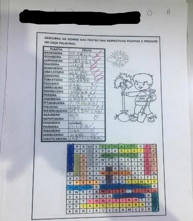 Imagem representando um jogo de caça palavras em um ativida escolar no projeto extensão