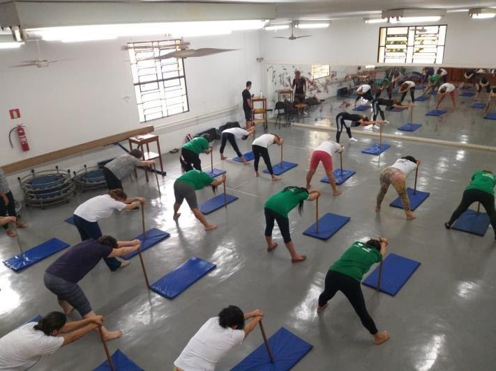 Imagem representando um grupo de pessoas alongando a coluna